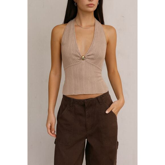 New Marciano By Guess Kathleen Halter Top Ribbed Blouse Taupe Tan XS Extra Small - Picture 1 of 7